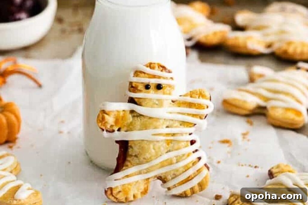 18 Spooky Halloween Movie Night Snacks to Delight Your Guests 12 Hand pies that look like mummies with a glass of milk nearby.