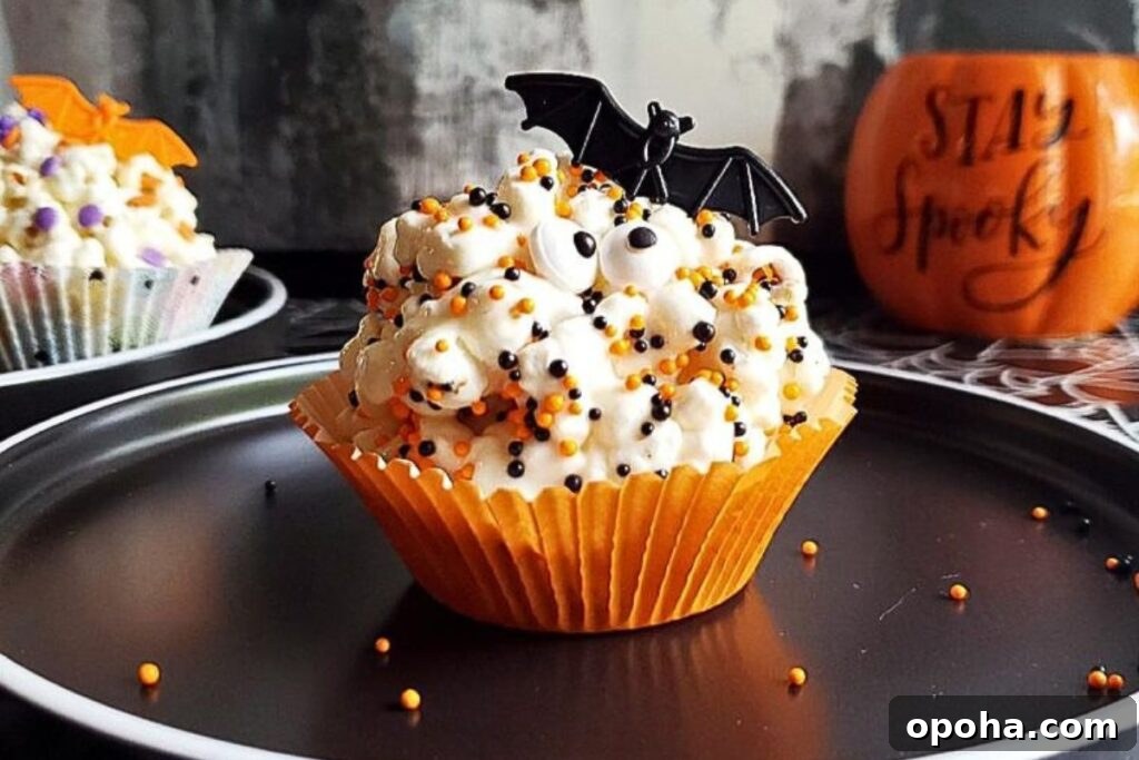 18 Spooky Halloween Movie Night Snacks to Delight Your Guests 13 A festive popcorn ball with candy coating, eyes and a bat garnish.