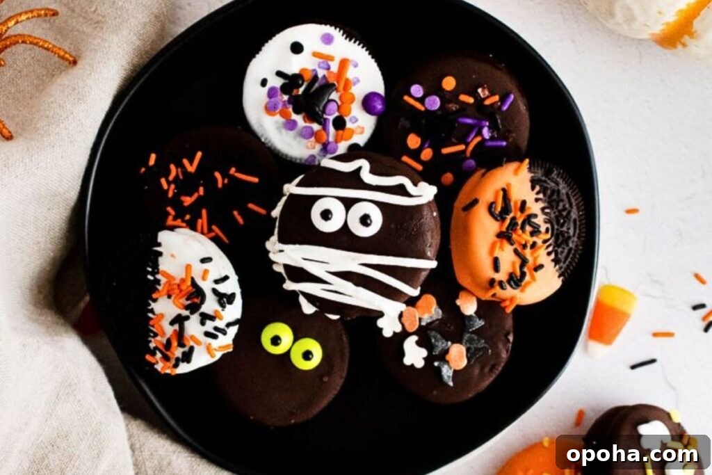 18 Spooky Halloween Movie Night Snacks to Delight Your Guests 14 Oreo cookies dipped in chocolate and decorated for Halloween.