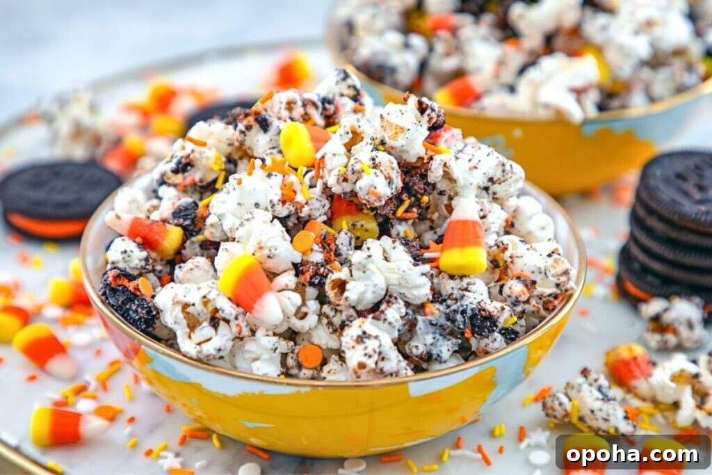 18 Spooky Halloween Movie Night Snacks to Delight Your Guests 17 Bowls of popcorn with candy corn and cookie crumbles.