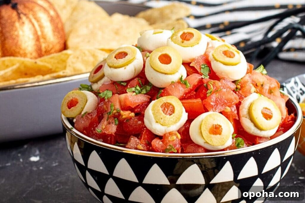 18 Spooky Halloween Movie Night Snacks to Delight Your Guests 18 A bowl of chunky salsa with pimento eyes.