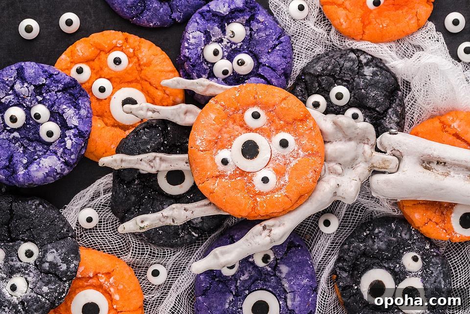 18 Spooky Halloween Movie Night Snacks to Delight Your Guests 6 Halloween Monster Eye Crinkle Cookies on a fake skull hand