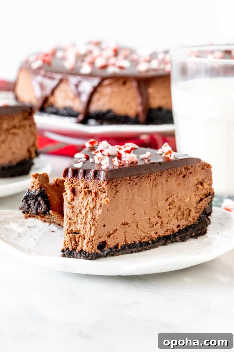 Chocolate Peppermint Cheesecake Recipe: Creamy Holiday Dessert 4 Slice of chocolate candy cane cheesecake with a bite taken out of it