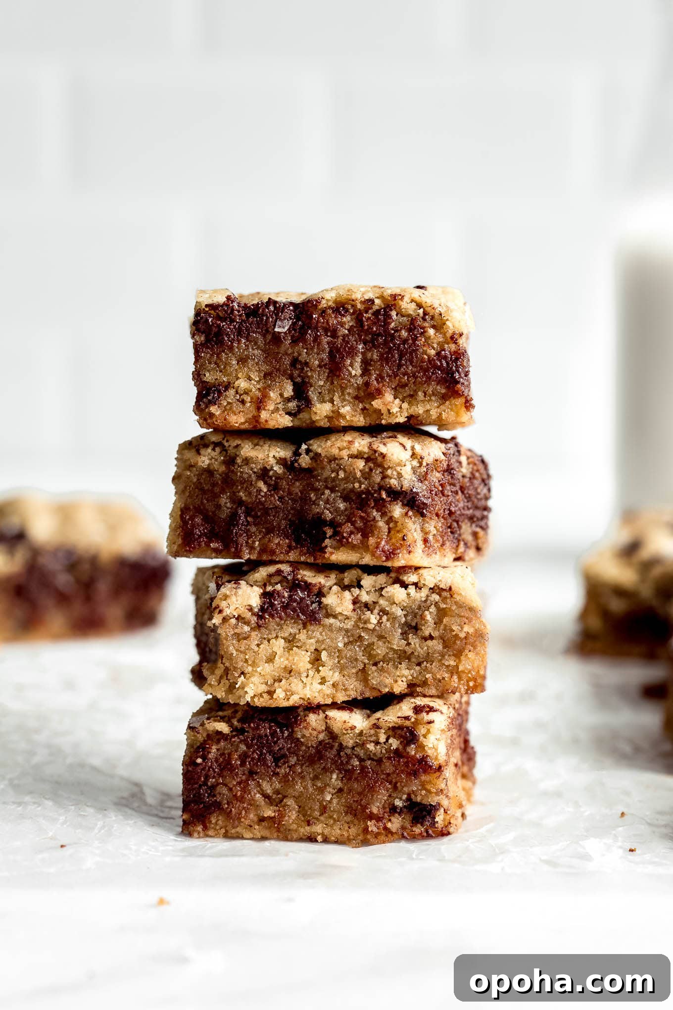 Tahini Blondies (Paleo, Gluten-Free Tahini Brownies) 9 A stack of paleo tahini blondies.
