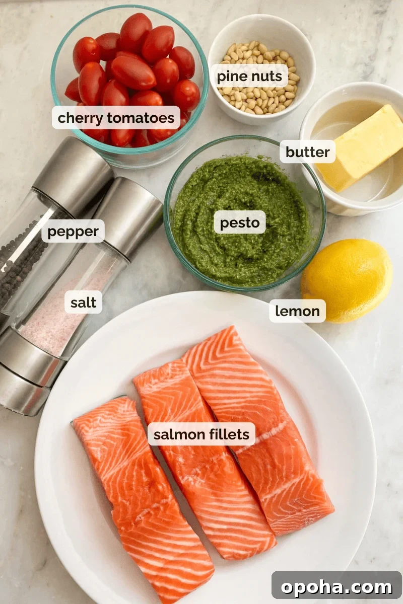 Oven-Baked Salmon with Fresh Basil Pesto 5 Recipe ingredients for baked salmon with pesto recipe.