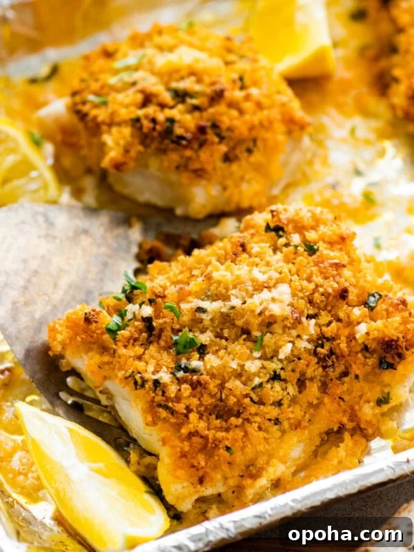 Oven-Baked Salmon with Fresh Basil Pesto 10 baked cod with panko after baking on the baking sheet. Lemons on the tray.