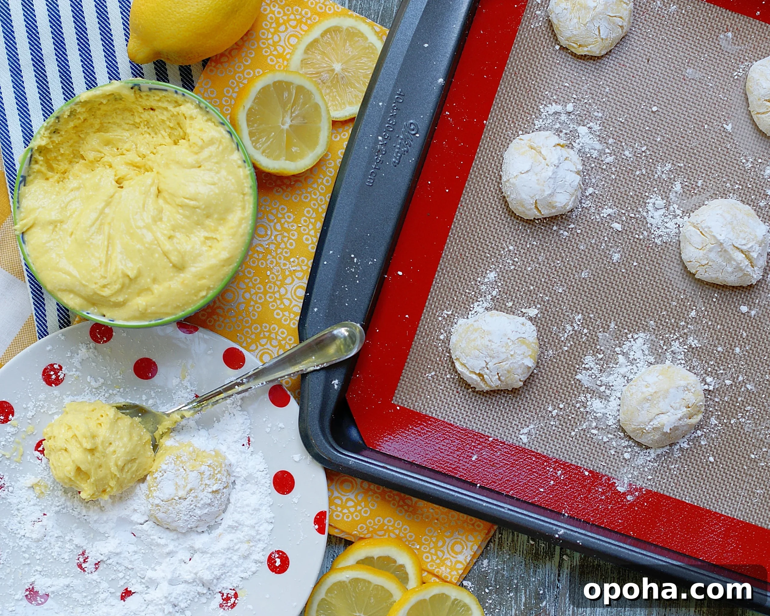 Zesty Lemon Crinkle Cookies Recipe for Bright, Chewy Cookies 4 Lemon cookie dough, powdered sugar and rolled cookie balls ready to be baked.
