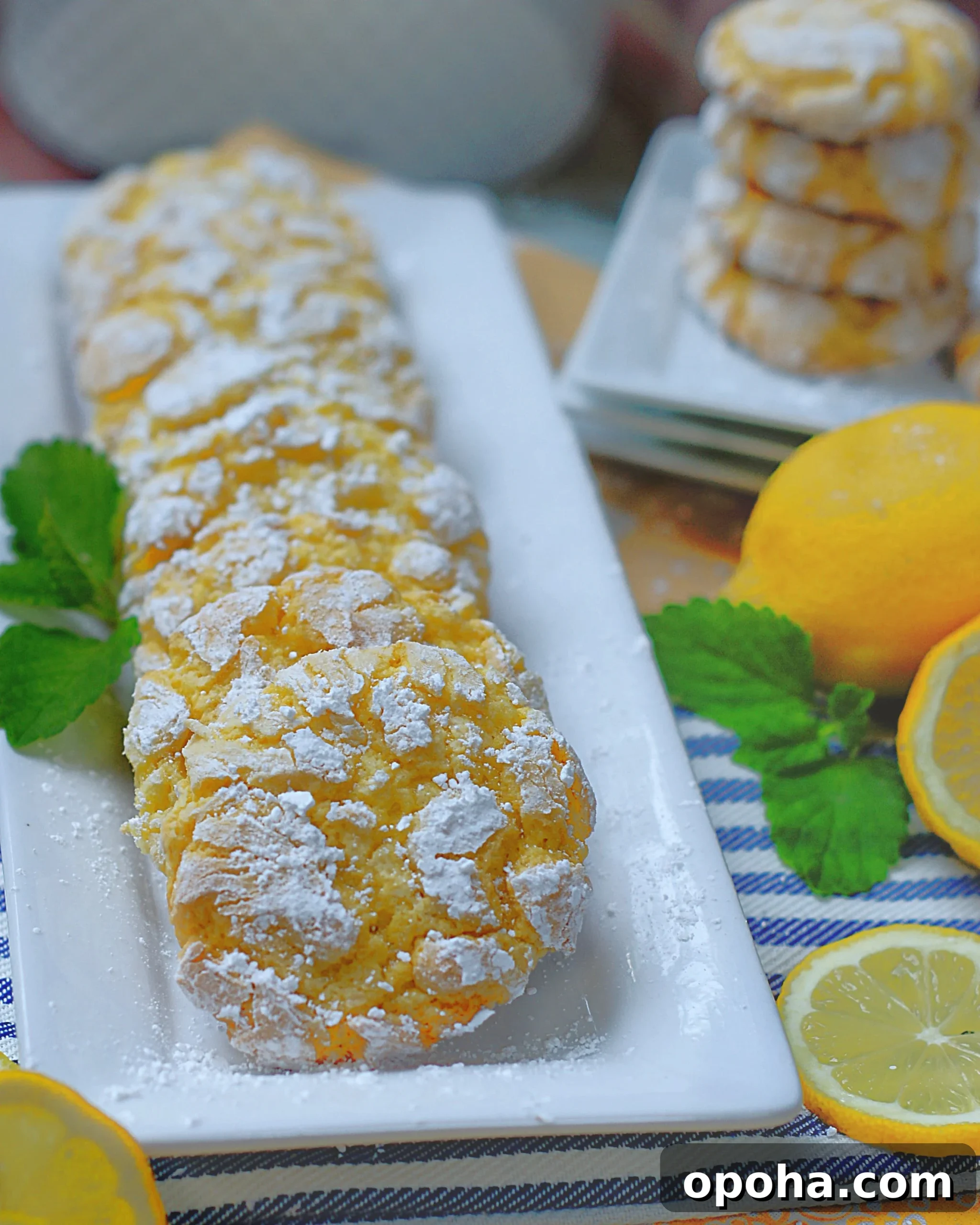 Zesty Lemon Crinkle Cookies Recipe for Bright, Chewy Cookies 5 A plate of lemon drop crinkle cookies with powdered sugar ready to serve.