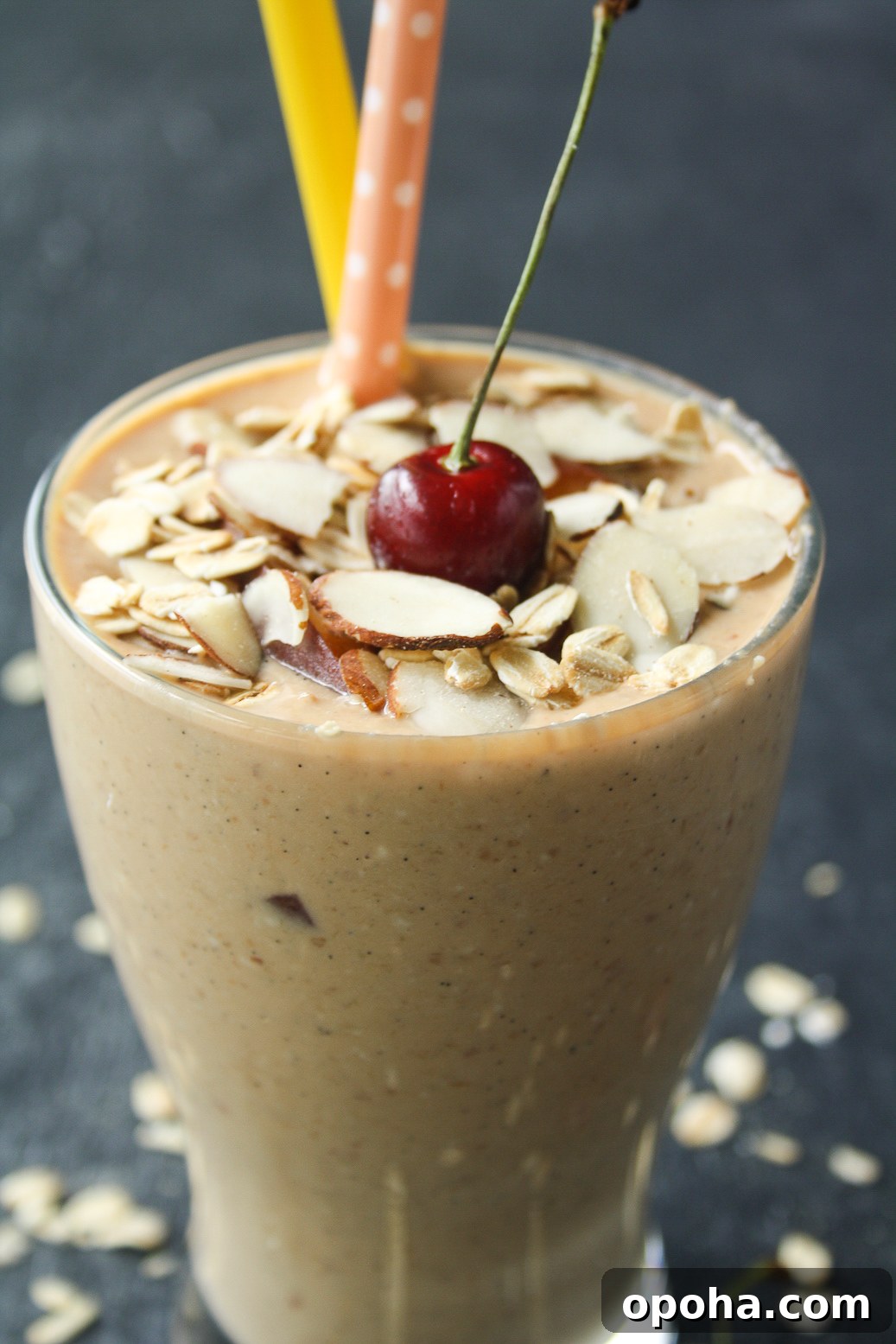 A thick, fruity, filling smoothie with fresh peaches and rolled oats!