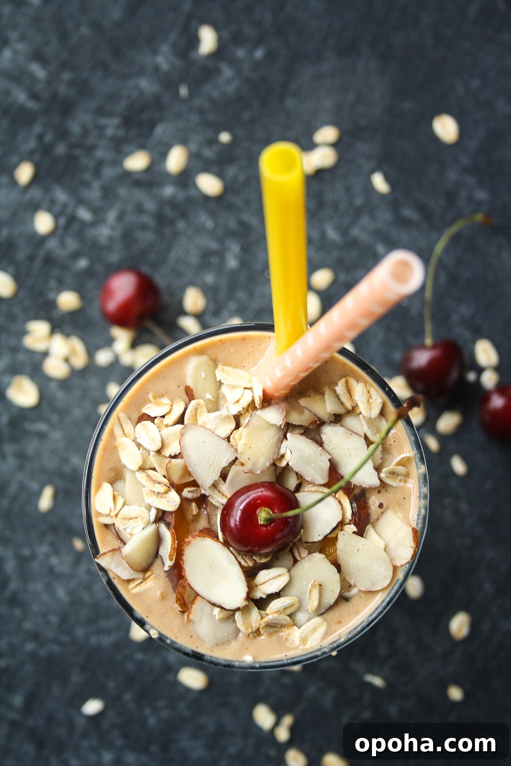 Peach and Oat Smoothie Recipe for Creamy Morning Energy 4 A thick, fruity, filling smoothie with fresh peaches and rolled oats!