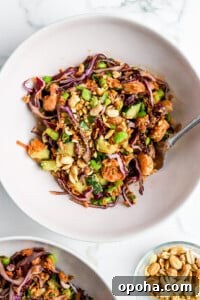 Top down view of delicious crispy rice salad in white bowl with silver fork.