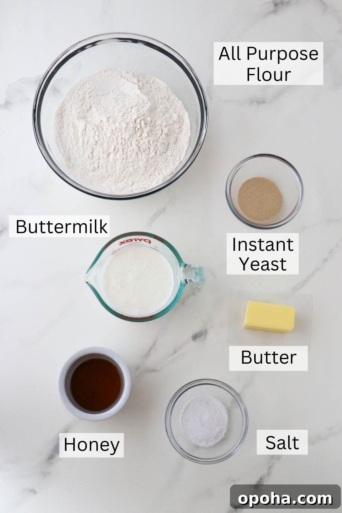 Labeled ingredients for Soft and Tender Buttermilk Bread.