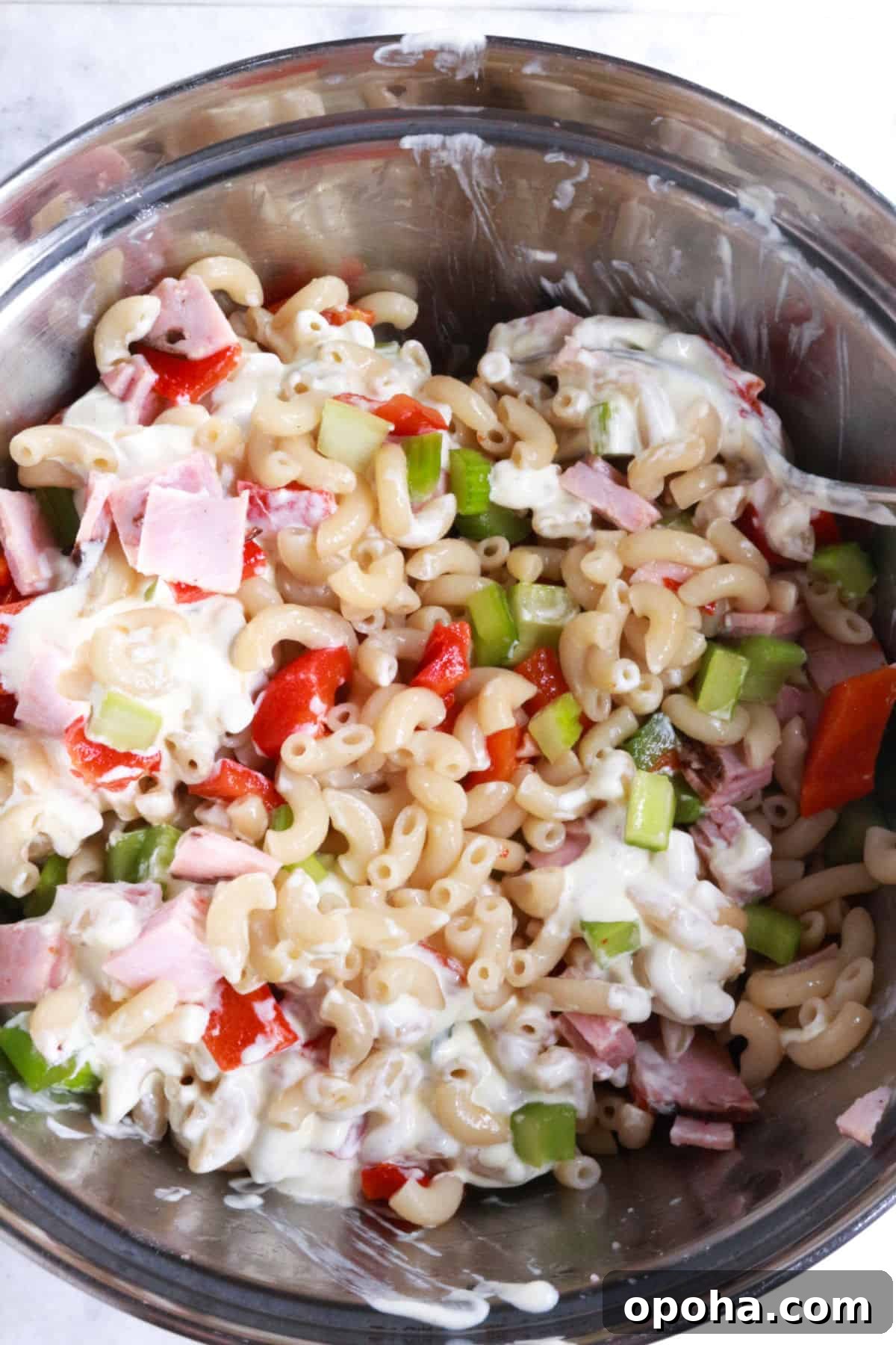 Mexican Macaroni (Ensalada de Coditos) — Creamy Cold Pasta Salad 6 Bowl with ingredients for coditos salad.