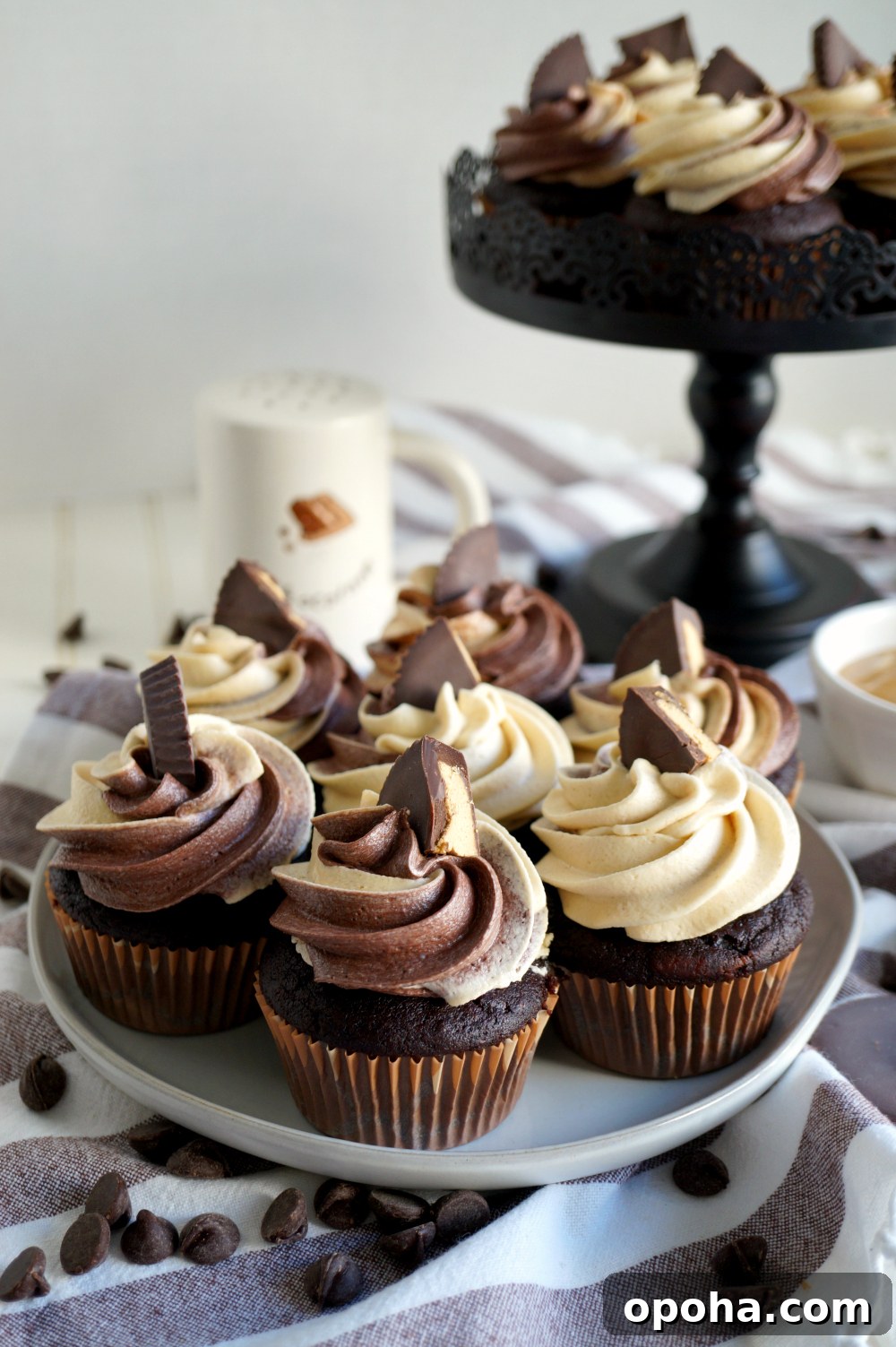 Vegan Dark Chocolate Cupcakes with Peanut Butter Swirl 5 platter of cupcakes