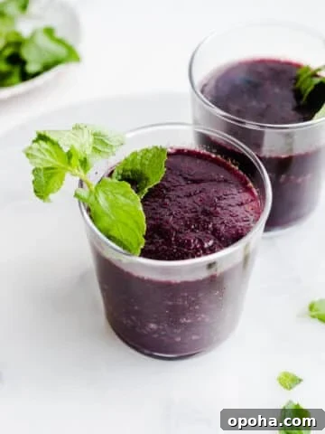Frozen blueberry mojito in a rocks glass with a sprig of mint stuck into the drink as a garnish.