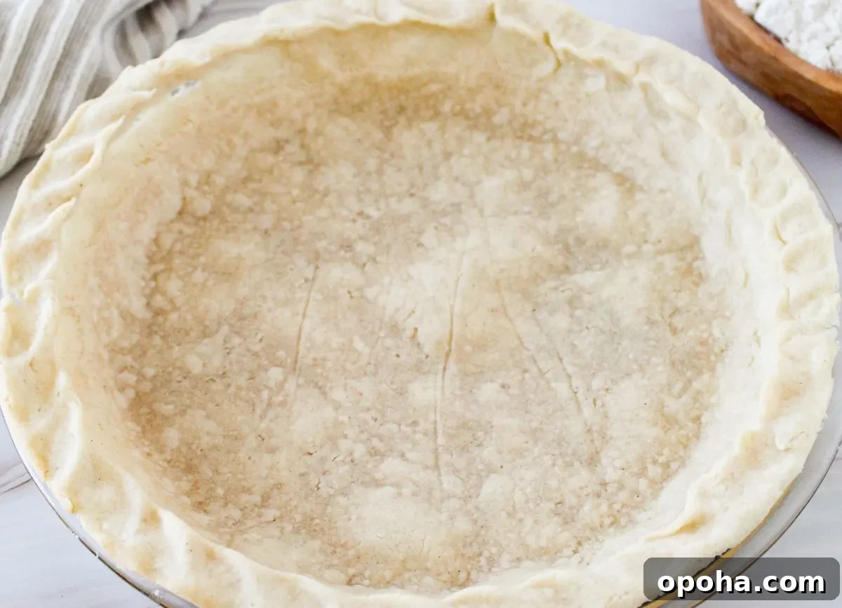 Flaky Gluten-Free Pie Crust Recipe (Dairy-Free) 12 Looking down closely on a gluten free pie crust that was baked.
