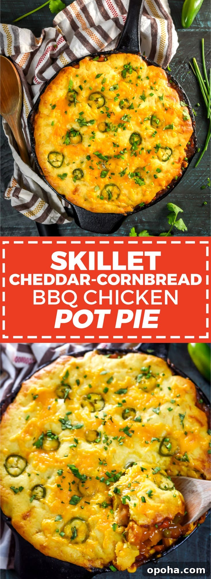 Skillet Cheddar-Cornbread BBQ Chicken Pot Pie