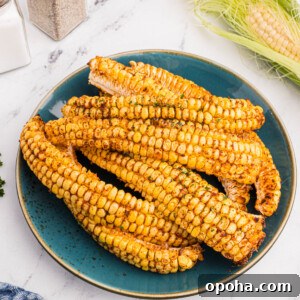 Crispy Air Fryer Corn Ribs Recipe 6 Corn ribs made in the air fryer, served on a blue plate.
