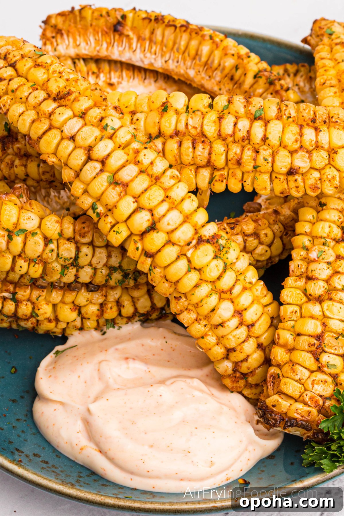 Crispy Air Fryer Corn Ribs Recipe 5 Air Fried Corn Ribs on a plate with dipping sauce.