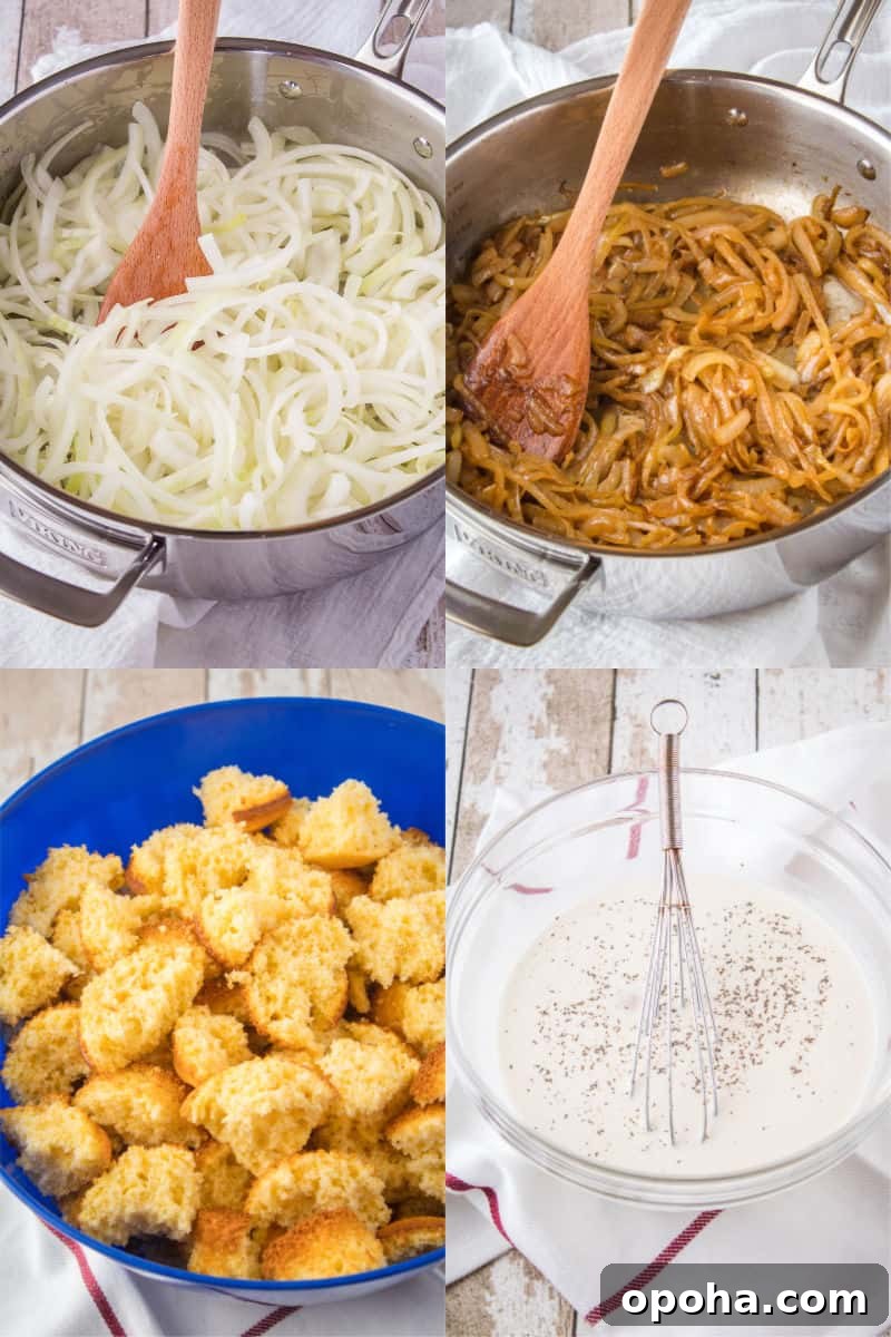 prep steps for caramelized onion & cornbread dressing