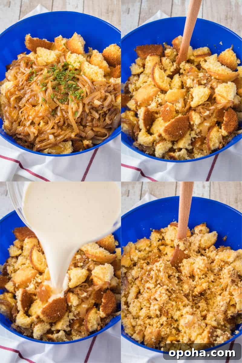 steps to mix up cornbread dressing