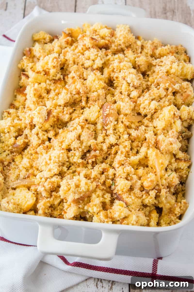 cornbread dressing in a baking dish ready to be cooked