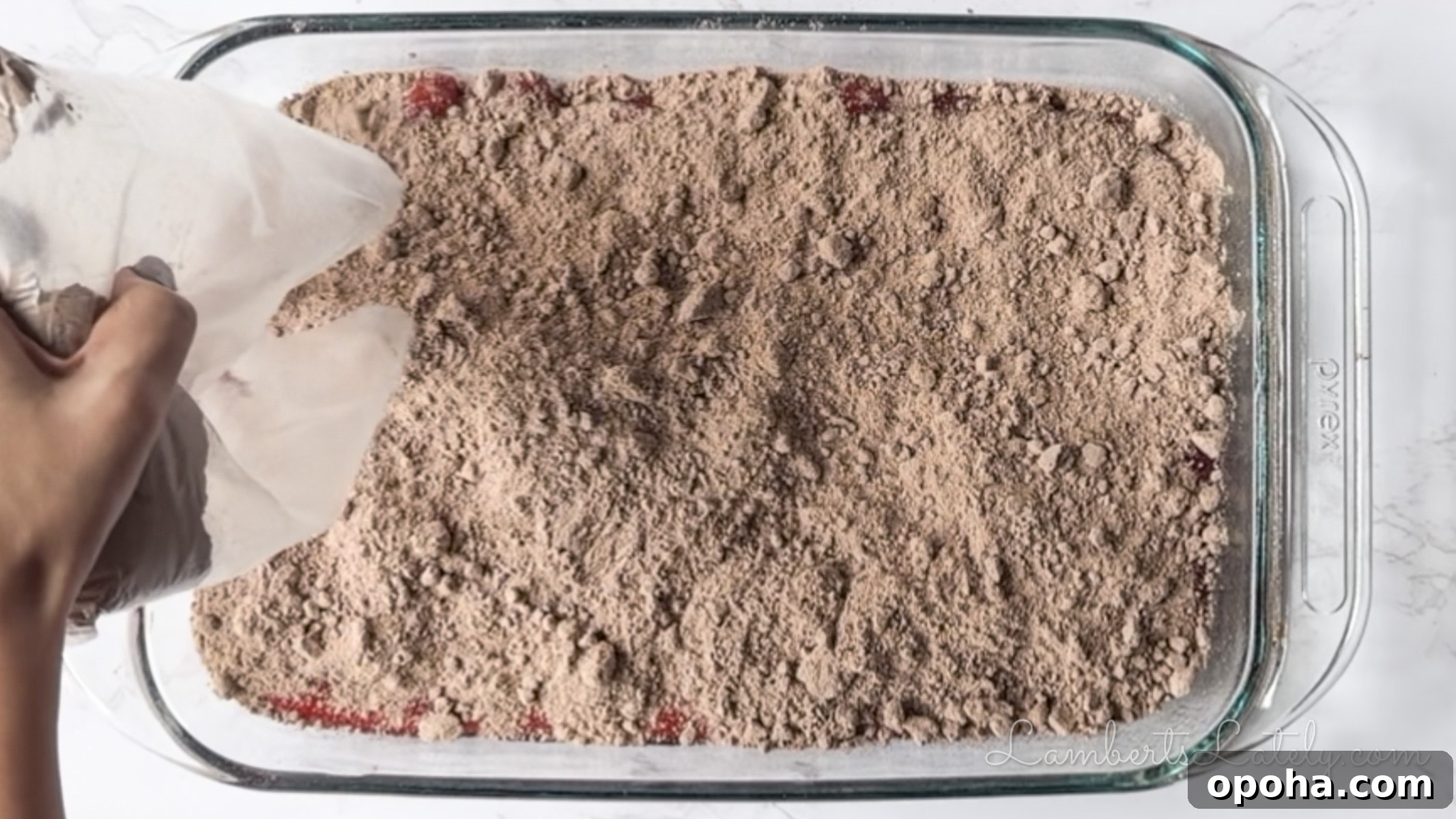 Decadent Chocolate Cherry Dump Cake Recipe for Chocolate Lovers 7 pouring dry chocolate brownie mix over cherry pie filling.