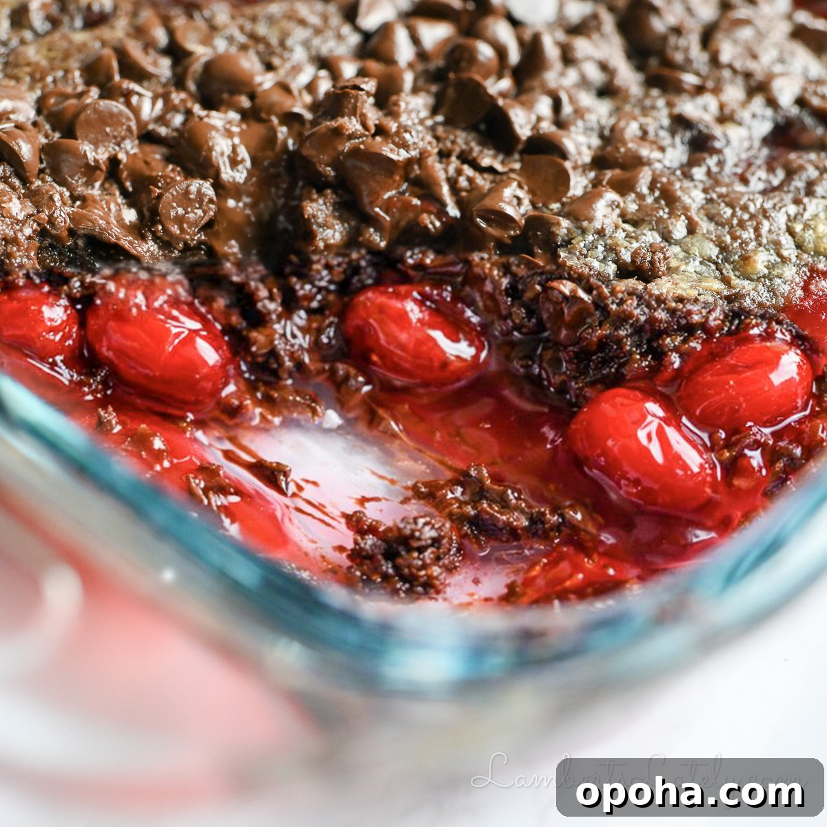 Decadent Chocolate Cherry Dump Cake Recipe for Chocolate Lovers 10 looking into a pan of cherry chocolate dump cake with a serving missing, showing cherries and melted chocolate.