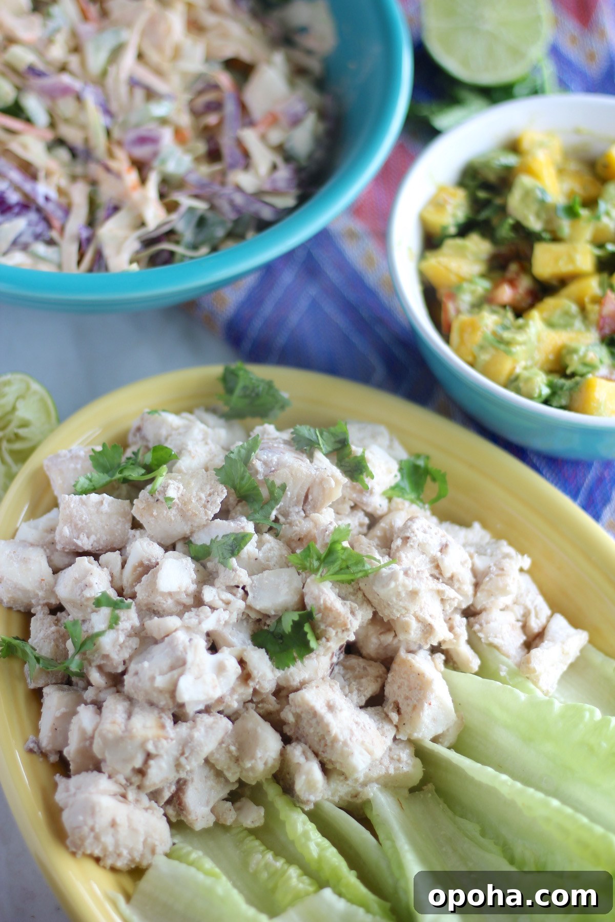 Maui Fish Tacos - coconut milk and lime-marinated fish, topped with loads of mango guacamole and spicy cabbage slaw! SO GOOD! | fedandfulfilled.com