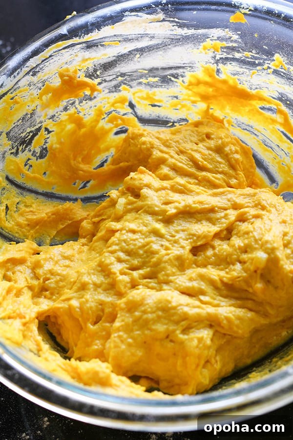 Crispy Pumpkin Fritters with Maple Cinnamon Glaze 8 mashed pumpkin in a glass bowl.