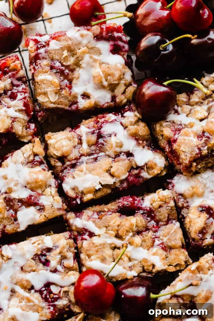 Chewy Cherry Pie Bars with Buttery Crust Recipe 11 A cpu on the sliced cherry pie bars.