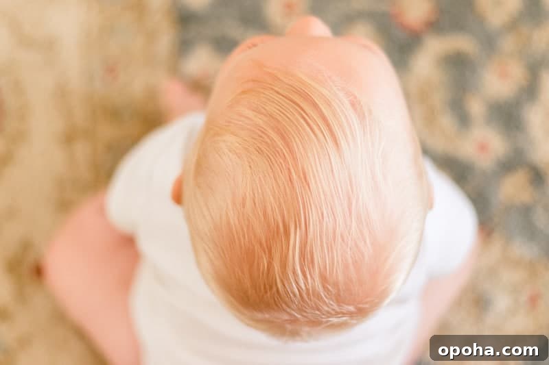 Treating Baby Cradle Cap with Coconut Oil: Gentle Step-by-Step Guide 3 Top of baby's head after getting cradle cap brushed out.