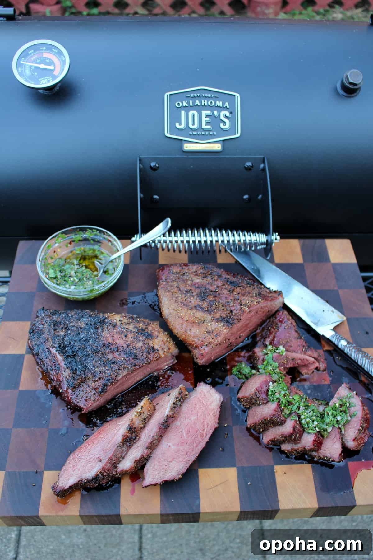 Smoked Picanha with Spicy Chimichurri Sauce 2 Smoked Picanha with Spicy Smoked Chimichurri drizzled over the top.