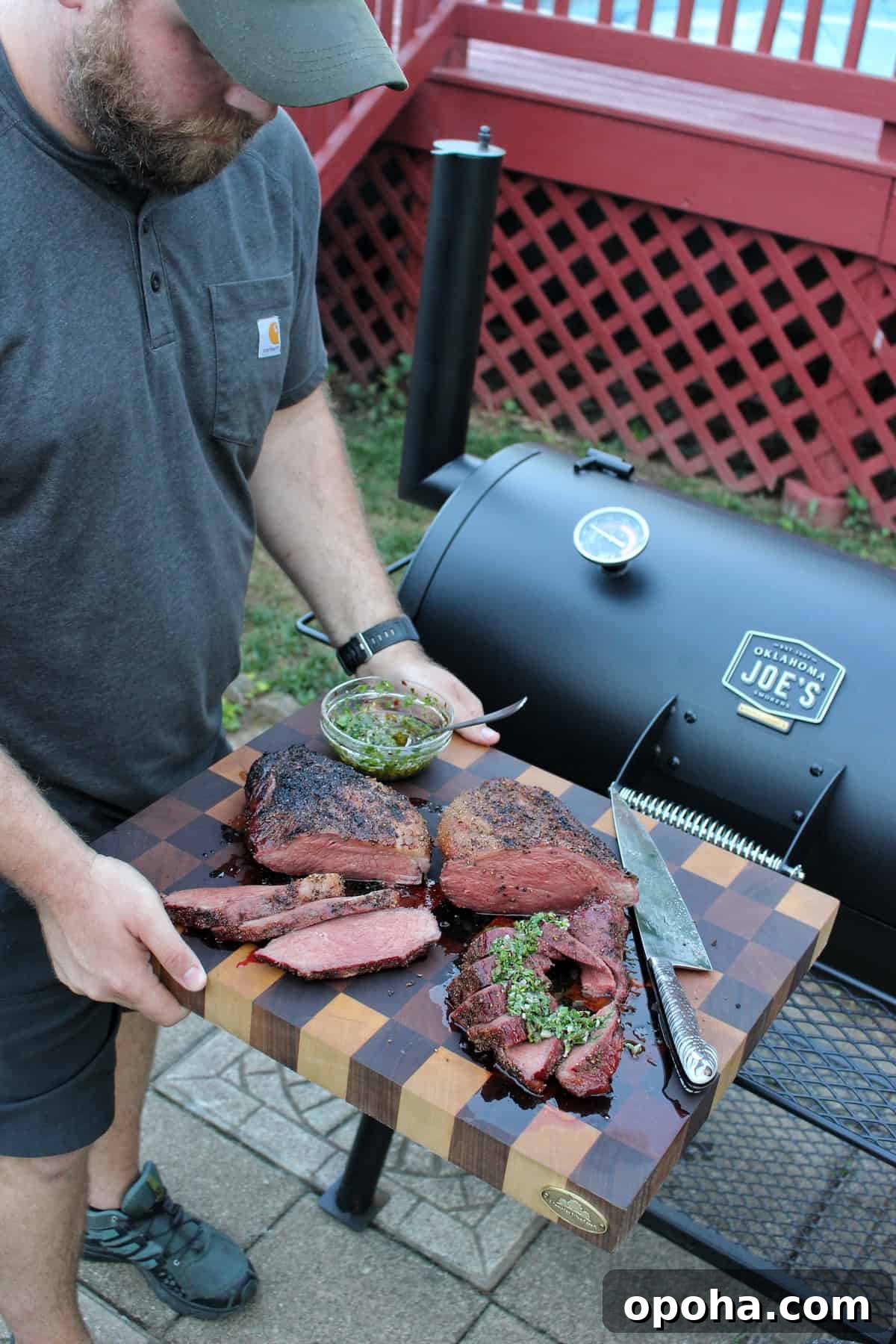 Smoked Picanha with Spicy Chimichurri Sauce 5 The final meal is sliced and also topped with garnishes.