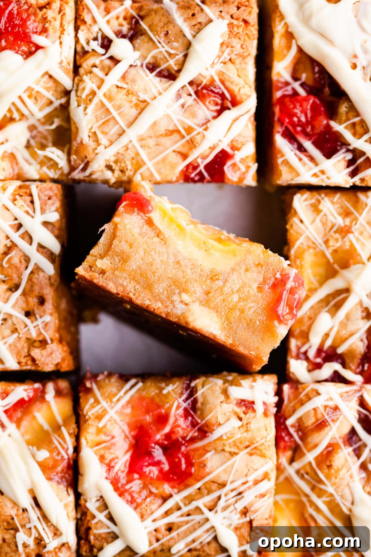 Rhubarb and Custard Blondies Recipe 13 top view close up at a slice of blondie bar