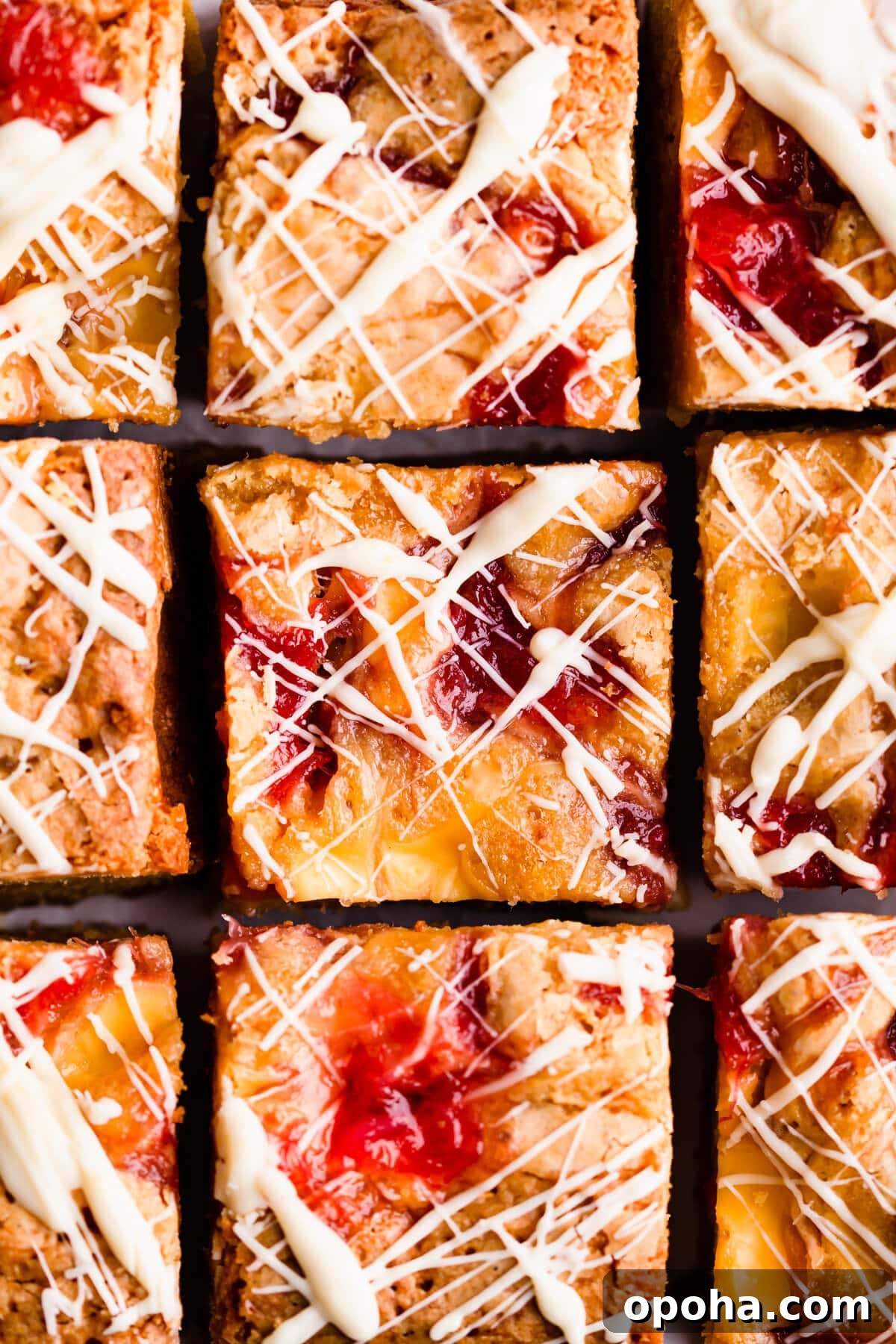 Rhubarb and Custard Blondies Recipe 15 top view super close up at square slices of rhubarb and custard blondies