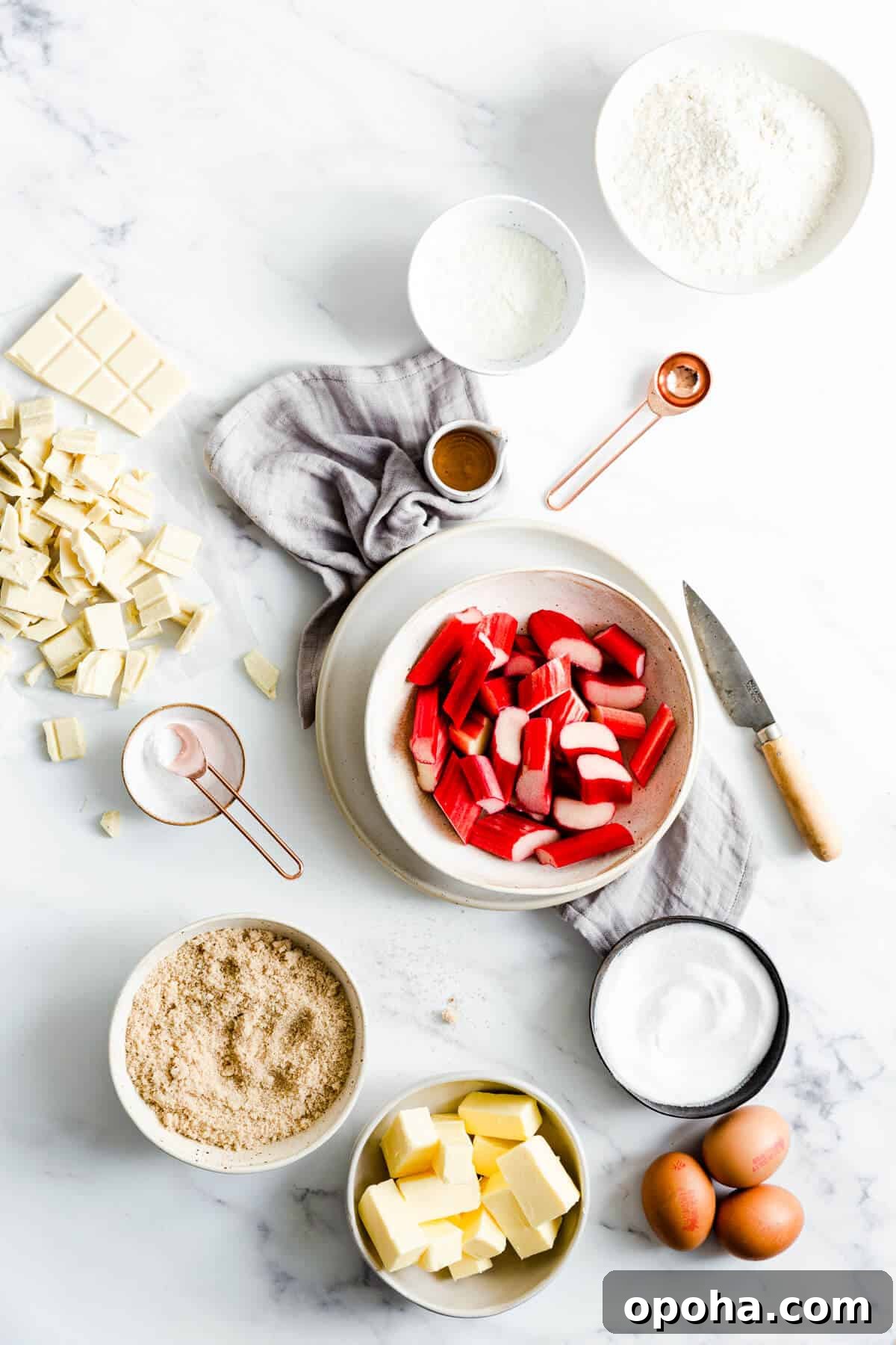 Rhubarb and Custard Blondies Recipe 4 overhead shot of the ingredients for rhubarb and custard blondies