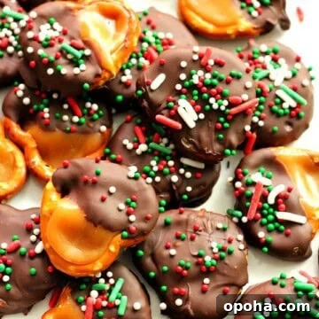 Chewy Chocolate Caramel Pretzel Bites Recipe 2 Chocolate Caramel Pretzel Bites on a white plate.