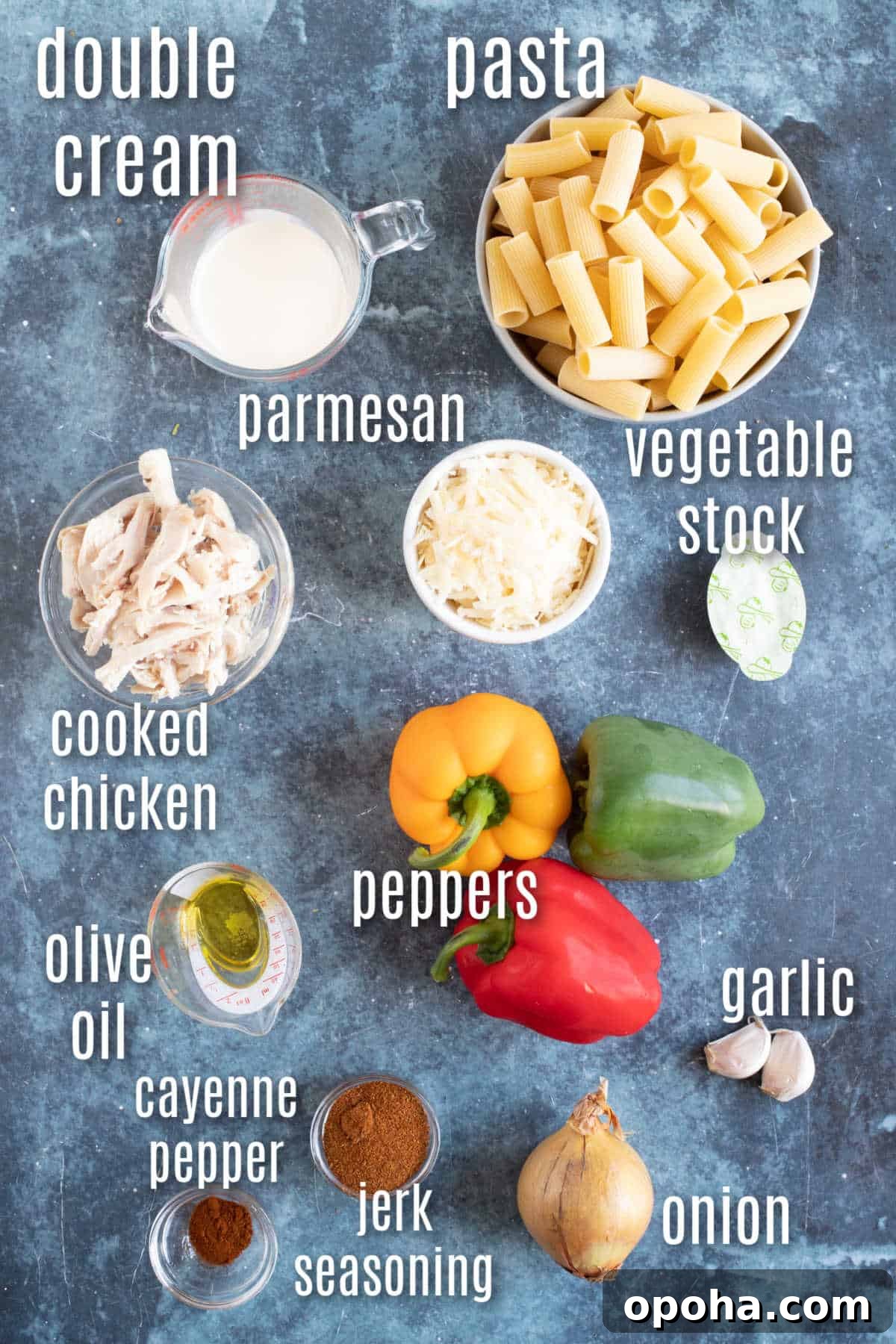 Creamy Rasta Pasta with Leftover Chicken — Quick Caribbean-Inspired Meal 3 Ingredients needed to make rasta pasta.