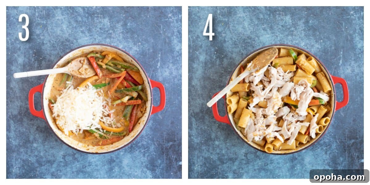 Creamy Rasta Pasta with Leftover Chicken — Quick Caribbean-Inspired Meal 4 Adding the creamy sauce and chicken to the rasta pasta.