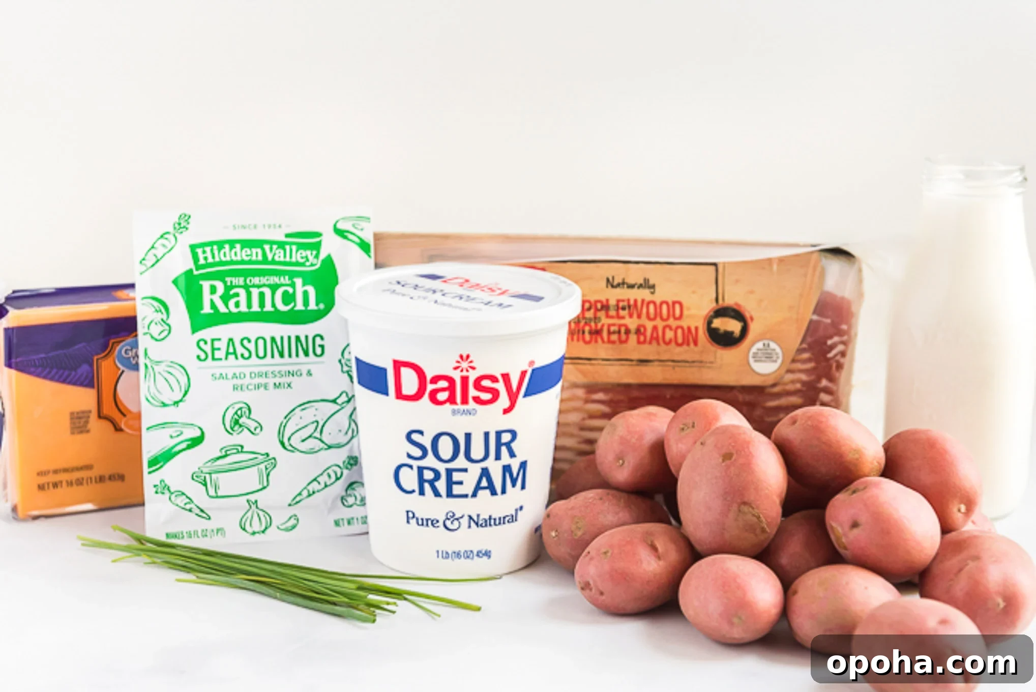Ingredients to make slow cooker ranch potatoes on the table.