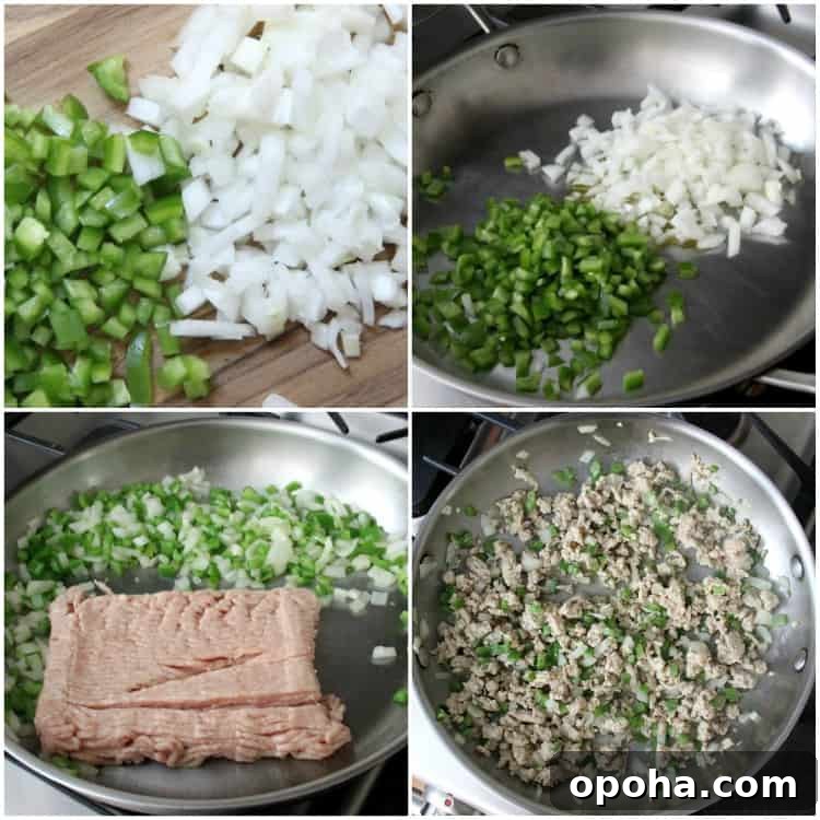 how to make chicken sloppy joes with onions and peppers onions, peppers, and chicken being cooked in pan for chicken sloppy joes