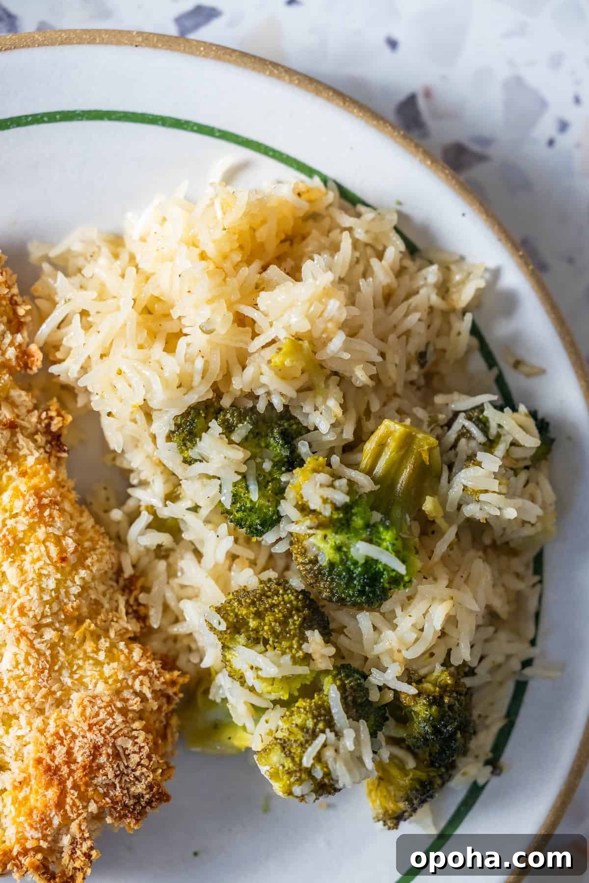 Baked Ranch Rice with Roasted Broccoli Bowl 3 Baked ranch rice served with a breaded baked item