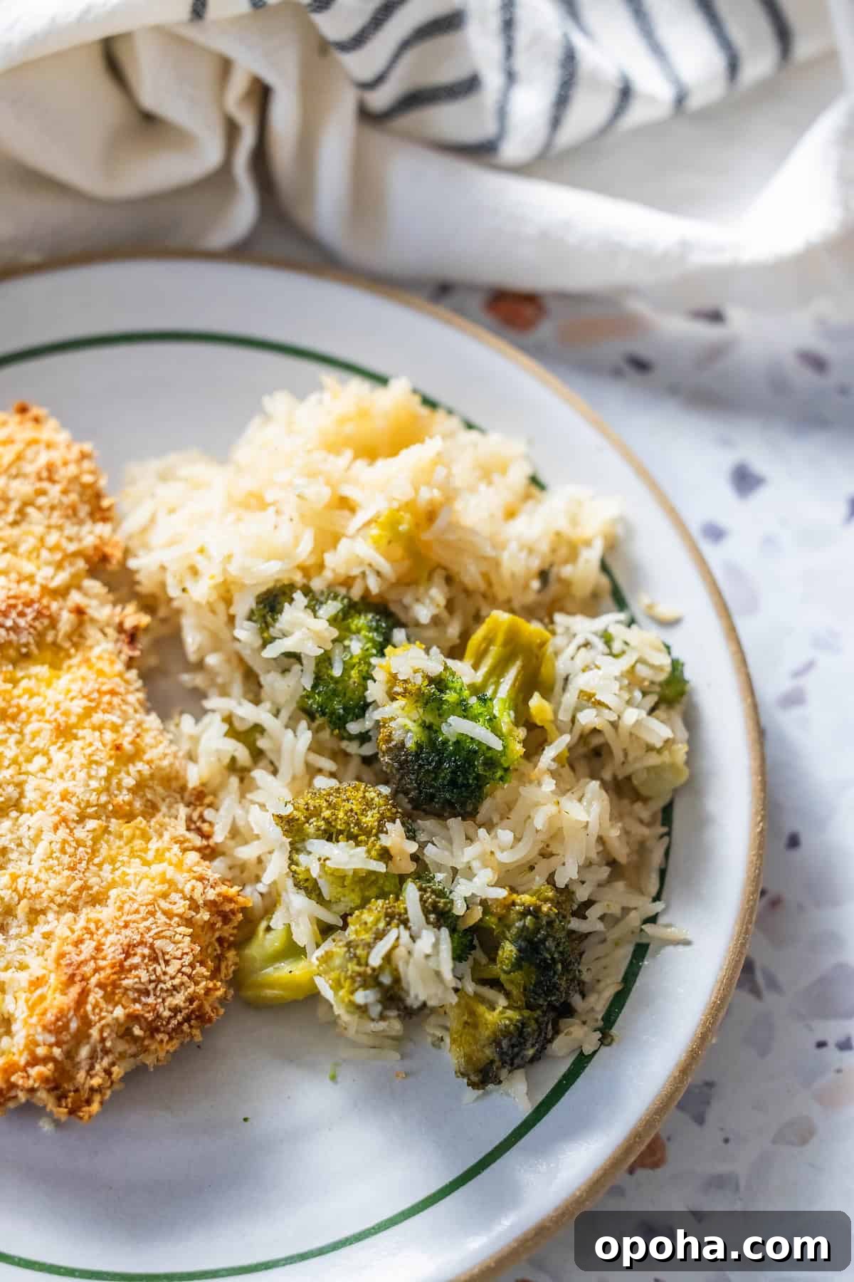 Baked Ranch Rice with Roasted Broccoli Bowl 5 Plate with baked chicken, broccoli, and rice