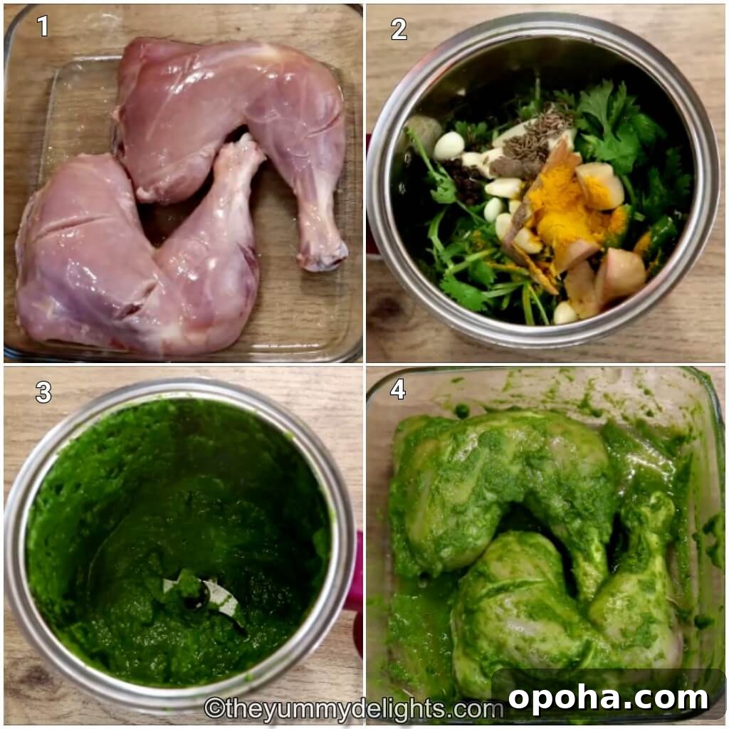 Goan Chicken Cafreal (Galinha Cafreal) Recipe — Authentic Spice Rub 4 Collage image of 4 steps showing how to make chicken cafreal. It shows marinating the chicken with salt, lemon juice and cafreal masala.