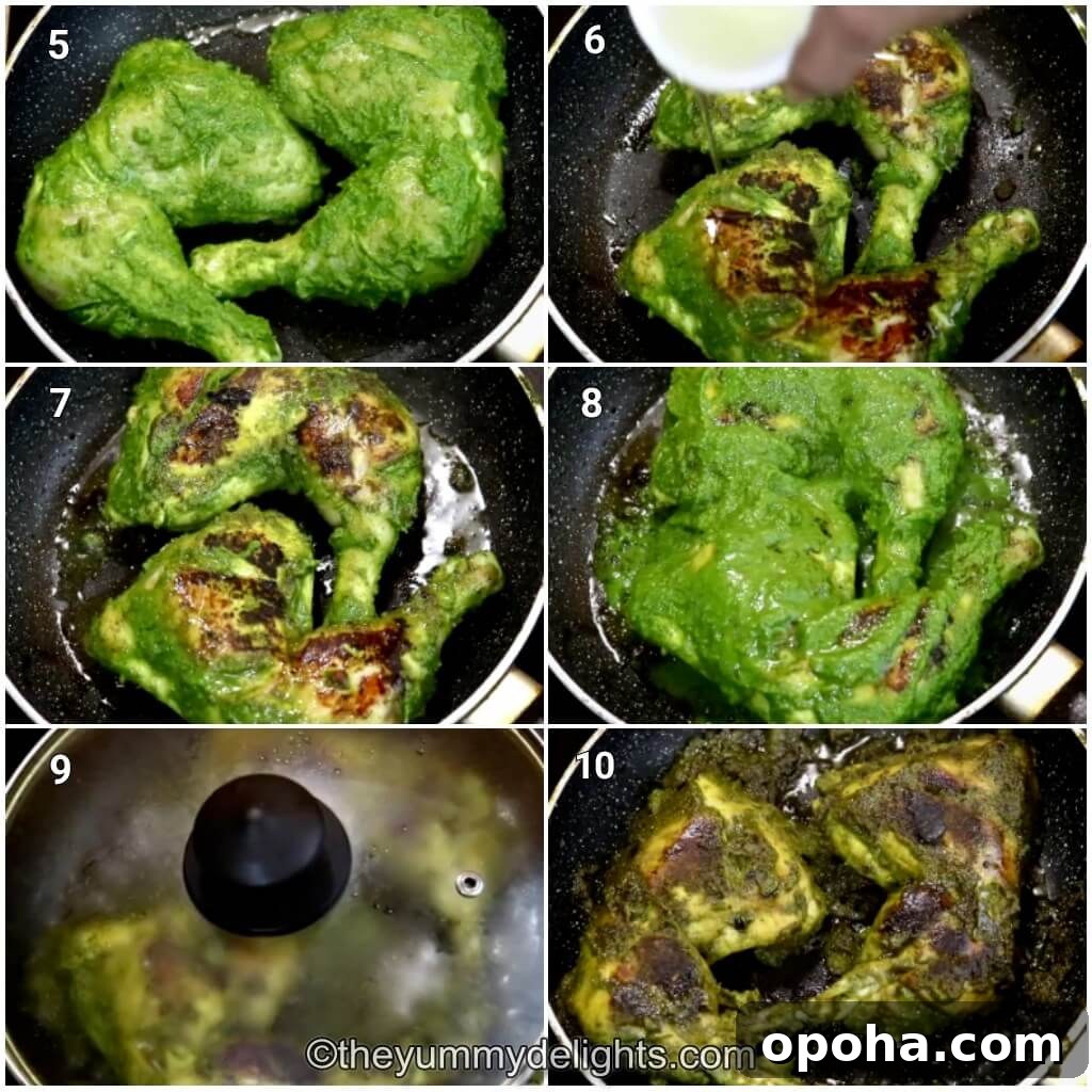 Goan Chicken Cafreal (Galinha Cafreal) Recipe — Authentic Spice Rub 5 Collage image of 6 steps showing pan-frying the chicken cafreal.