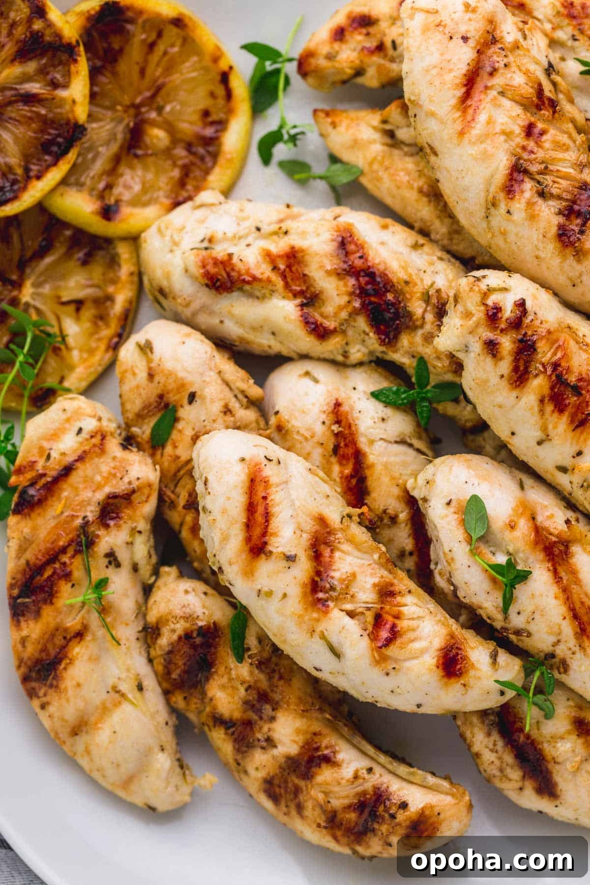 Grilled chicken tenders on a white serving plate