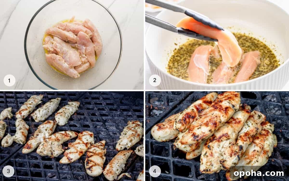 Steps showing how to grill chicken fingers