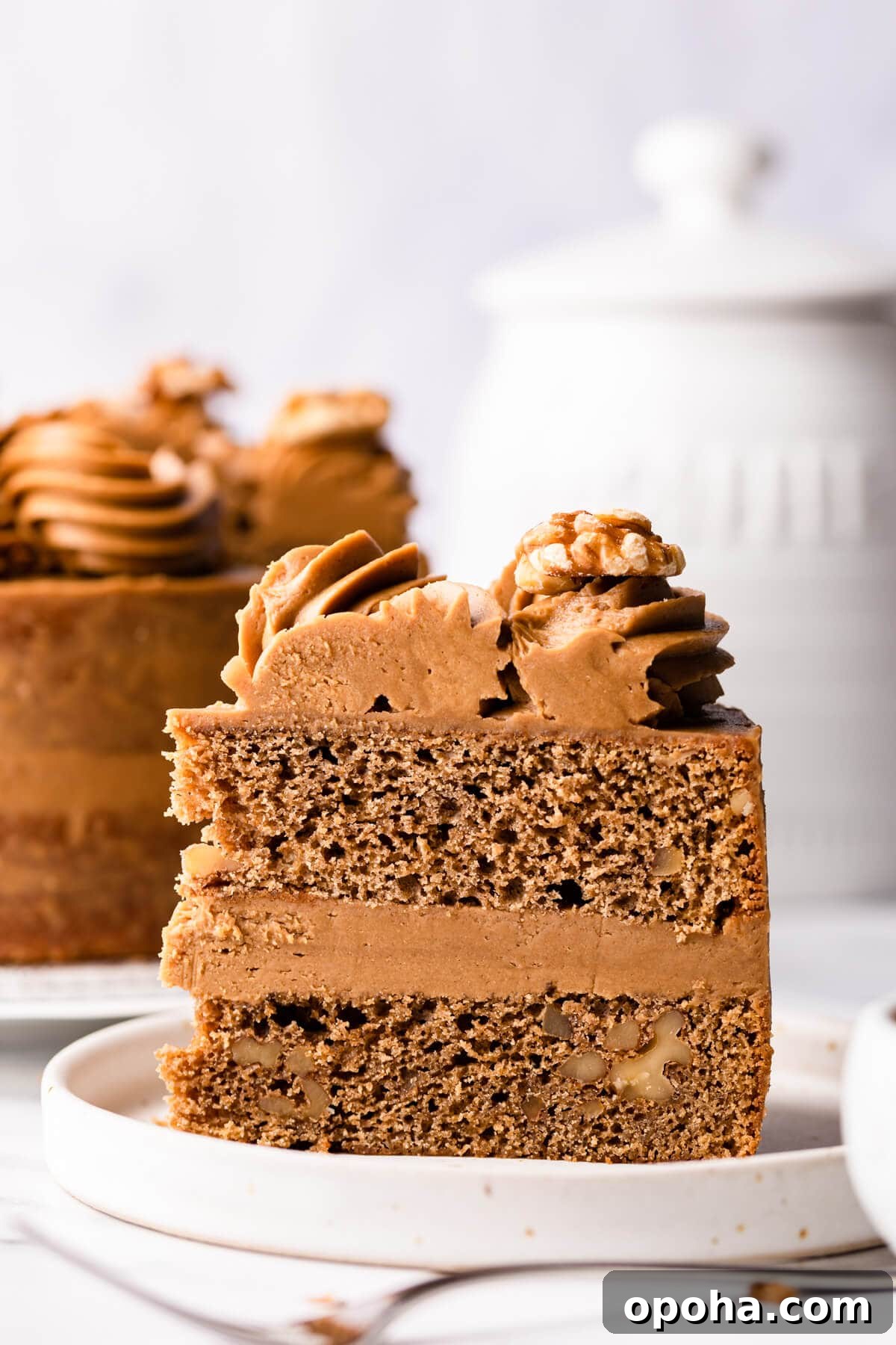Decadent Coffee and Walnut Cake Recipe for Coffee Lovers 12 a single slice of walnut cake on a dessert plate.