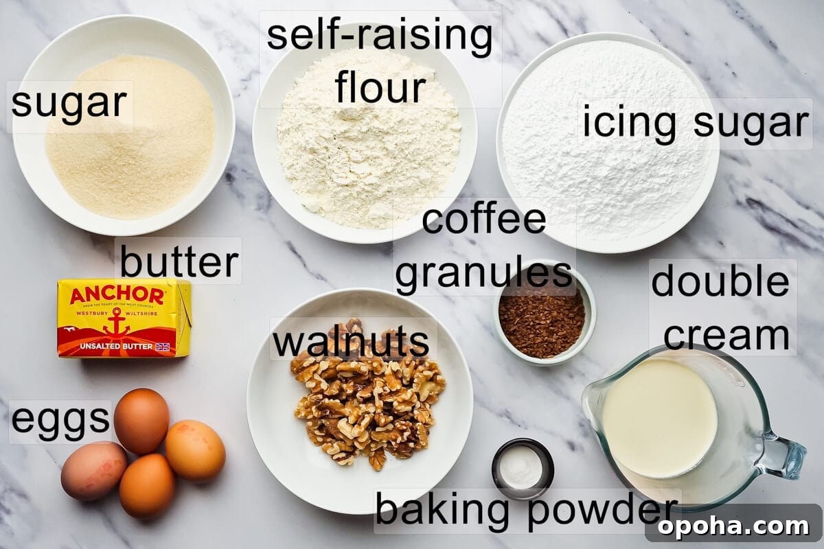 Decadent Coffee and Walnut Cake Recipe for Coffee Lovers 3 the ingredients for the coffee walnut cake with text labels.